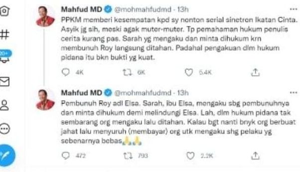 Netizen Kecam Mahfud MD yang Nonton Ikatan Cinta di Tengah PPKM Darurat: People are Dying Pak