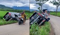 Heboh! Tak Peduli Mobil Nyungsep ke Sawah, Perempuan Ini dengan Santainya Malah Foto Narsis