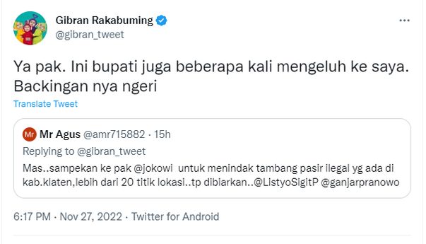 Respon Gibran Rakabuming soal Keluhan Tambang Pasir Ilegal di Klaten: Bupati Juga Ngeluh, Backingannya Ngeri