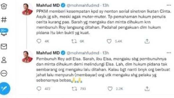 Netizen Kecam Mahfud MD yang Nonton Ikatan Cinta di Tengah PPKM Darurat: People are Dying Pak